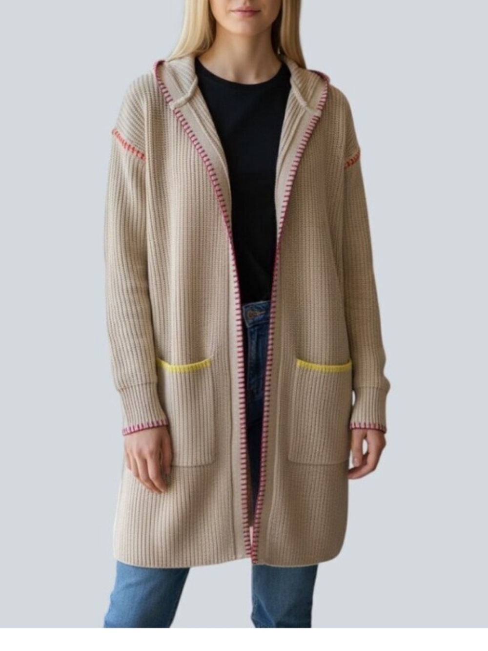 Anthropologie Kerri Rosenthal Beige Smiley Face Stitch Hooded Knit Open Cardigan